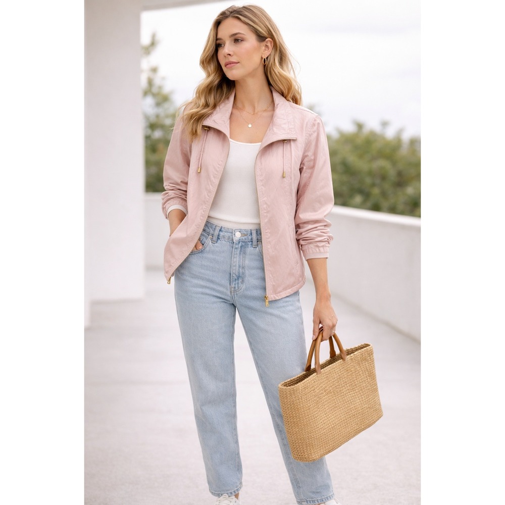 Ruby Rd Womens Blush Pink Metallic Crinkle Zip Up Windbreaker Soft Girl Coquette